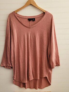 Tahari Linen Sweater Womens 1X Pink Rounded V Neck Slouchy Boxy Beachy Cruise